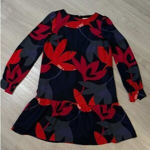 LOFT Petite XSP Navy Red Floral Long Sleeve Ruffle Hem Dress